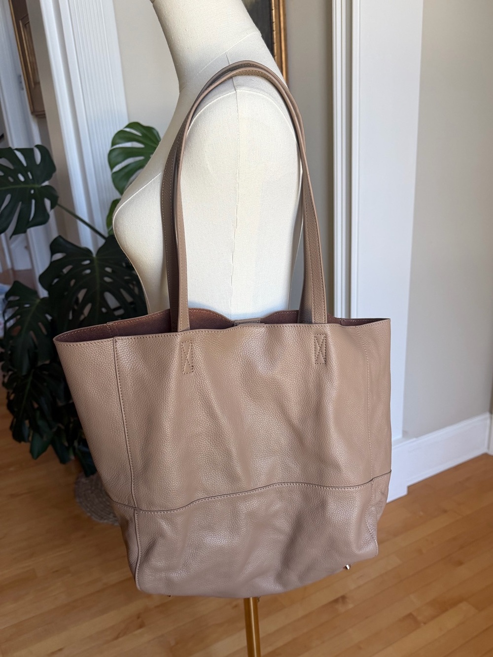 Saks Fifth Avenue Taupe Genuine Leather Oversized Tote Bag